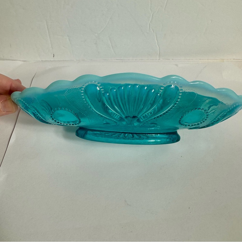 Vintage Blue Opalescent Relish Dish Jefferson Glass. Oval shaped.